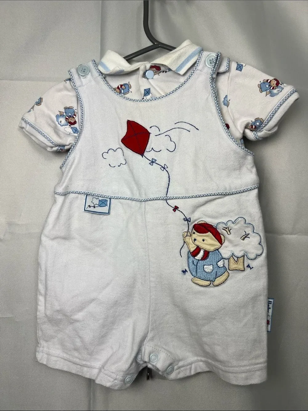 Baby Grand two piece baby blue romper bear flying kite appliqué & print polo